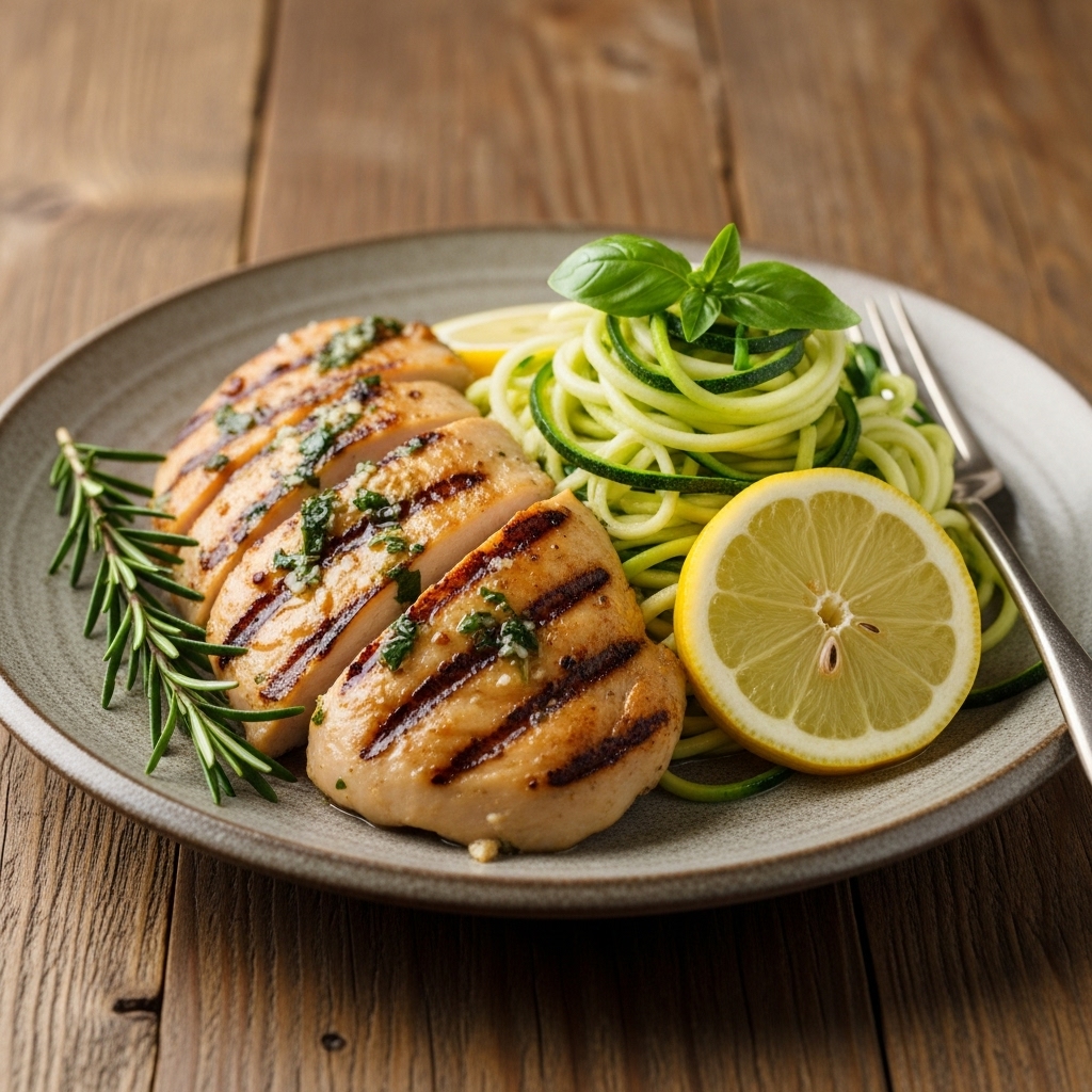 Mouthwatering Paleo Italian Dinner: Grilled Rosemary Lemon Chicken with Zucchini Noodles & Garlic Herb Sauce