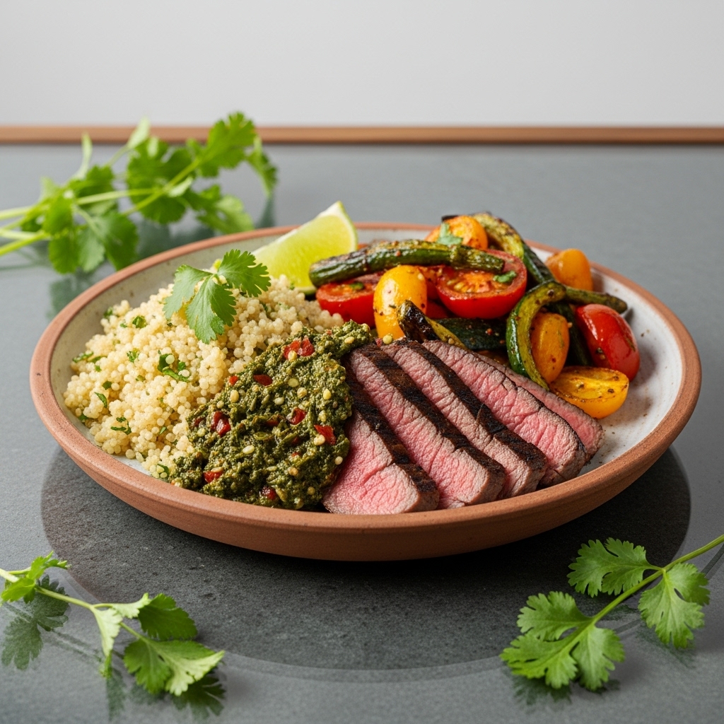 Mouthwatering Paleo Mexican Dinner: Grilled Chimichurri Steak, Zesty Cilantro Lime Quinoa, and Roasted Vegetable Medley