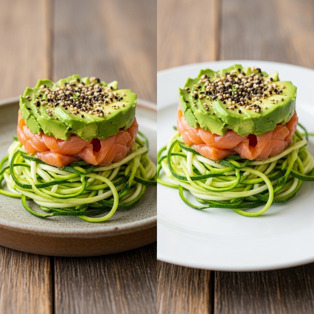 “Mouthwatering Paleo New Zealand Breakfast: Keto-Friendly Avocado & Smoked Salmon Tower on Zucchini Noodles”