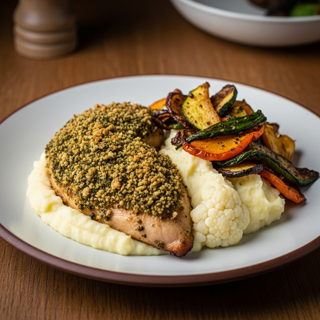 “Mouthwatering Paleo Polish Lunch: Herb-Encrusted Roasted Chicken with Creamy Garlic Mashed Cauliflower & Crispy Roasted Vegetables”