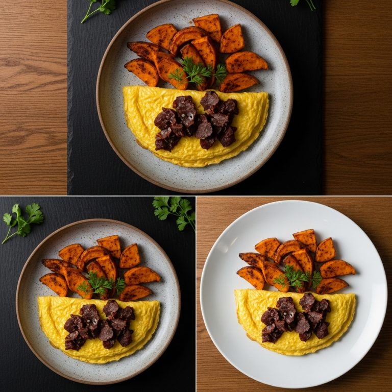 Mouthwatering Paleo South African Fry-up: Biltong & Kalahari Truffle Omelette with Paprika Roasted Sweet Potatoes