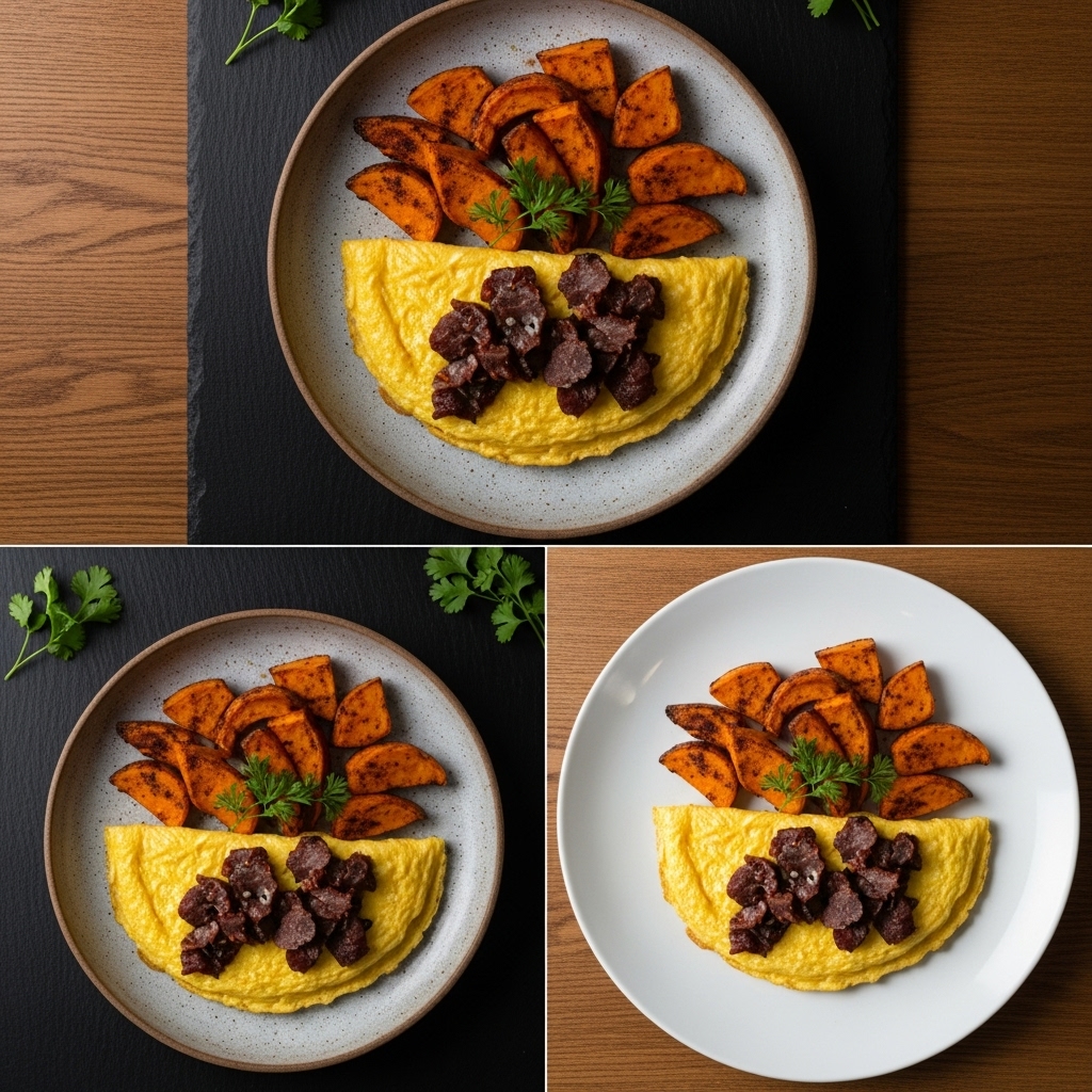 Mouthwatering Paleo South African Fry-up: Biltong & Kalahari Truffle Omelette with Paprika Roasted Sweet Potatoes