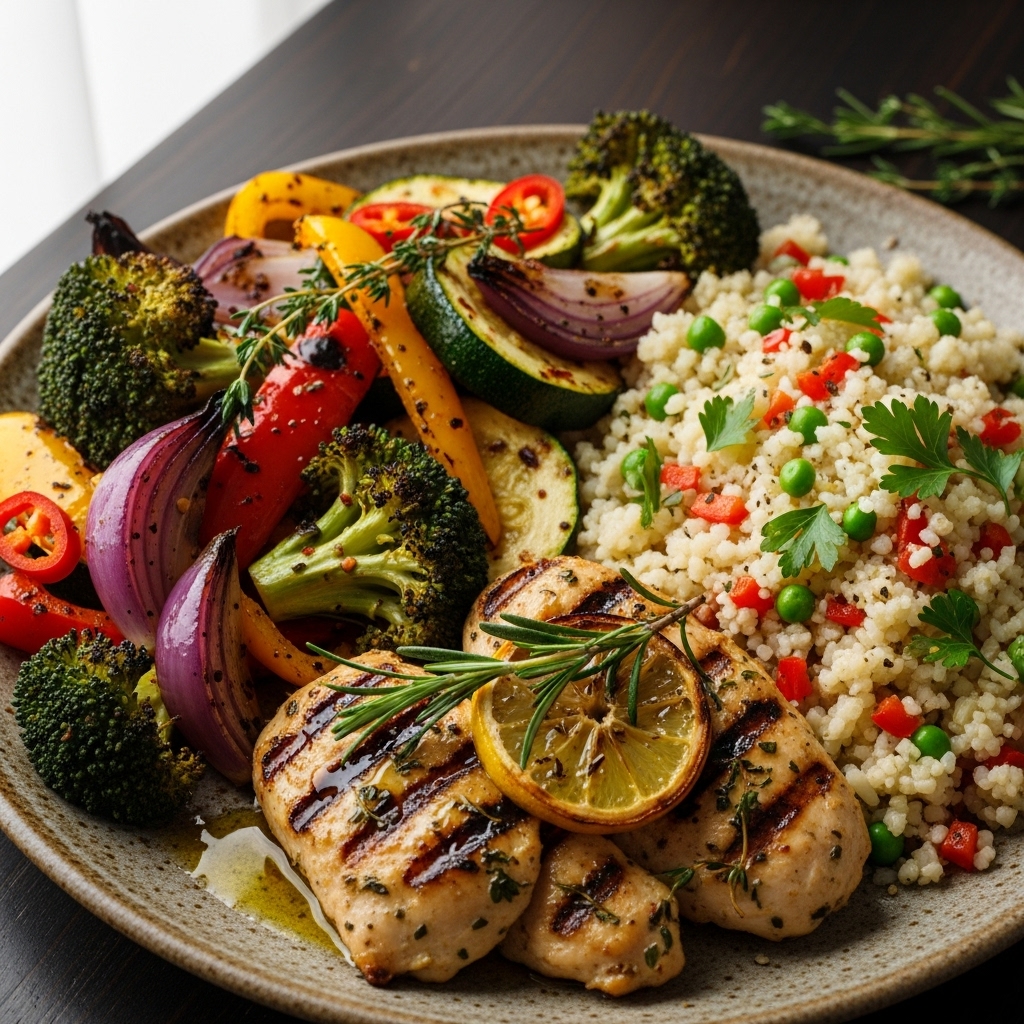 Mouthwatering Paleo Turkish Dinner: Grilled Lemon Herb Chicken with Cauliflower Rice Pilaf and Spicy Roasted Vegetables