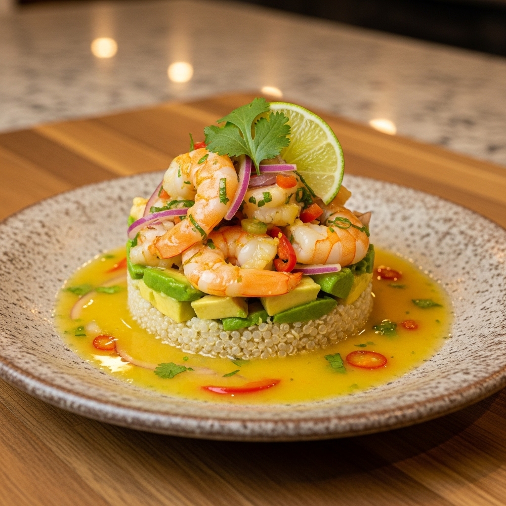 Mouthwatering Peruvian Brunch Delight: Aromatic Shrimp Ceviche on Quinoa-Avocado Tower
