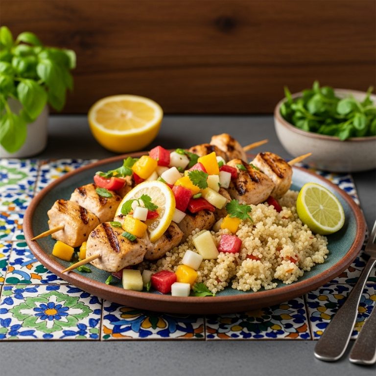 Mouthwatering Polynesian Paleo Dinner: Grilled Lemon Herb Chicken Skewers with Tropical Fruit Salsa & Coconut Lime Quinoa