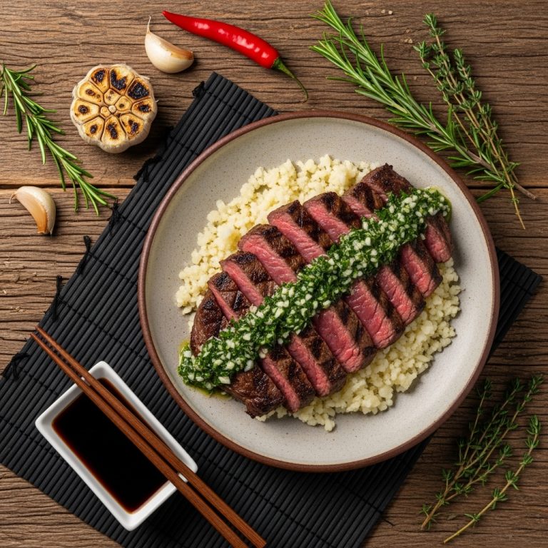 Mouthwatering Portuguese Churrasco Steak with Cauliflower Rice and Garlic Herb Sauce
