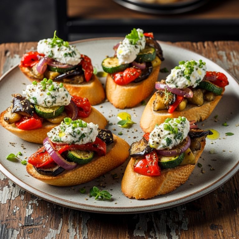 Mouthwatering Portuguese Vegetarian Delight: Roasted Veggie Crostini with Herbed Goat Cheese