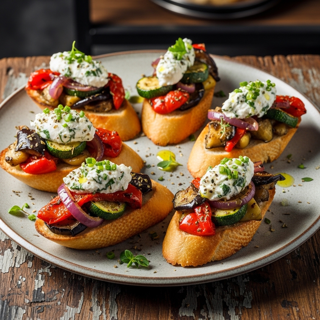 Mouthwatering Portuguese Vegetarian Delight: Roasted Veggie Crostini with Herbed Goat Cheese
