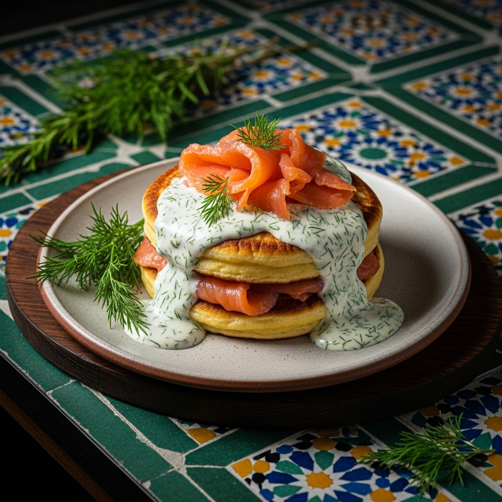 Mouthwatering Russian Brunch: Scrumptious Pancakes with Smoked Salmon & Creamy Dill Sauce