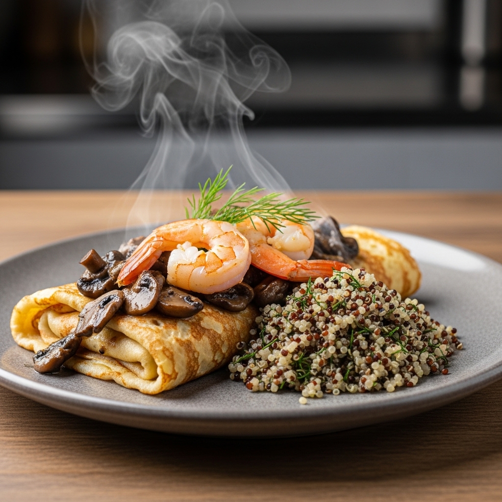 Mouthwatering Russian Brunch: Vegetarian Vodka Shrimp Crepes with Wild Mushroom Sauce and Dill-Infused Quinoa