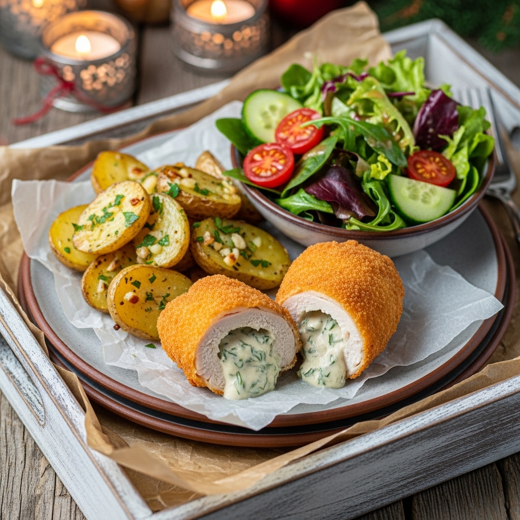 Mouthwatering Russian Gluten-Free Lunch: Creamy Chicken Kiev with Garlic Potatoes & Crispy Salad