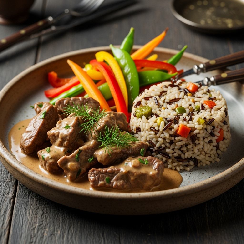 Mouthwatering Russian Lunch: Gluten-Free Beef Stroganoff with Wild Rice Pilaf and Crunchy Vegetables