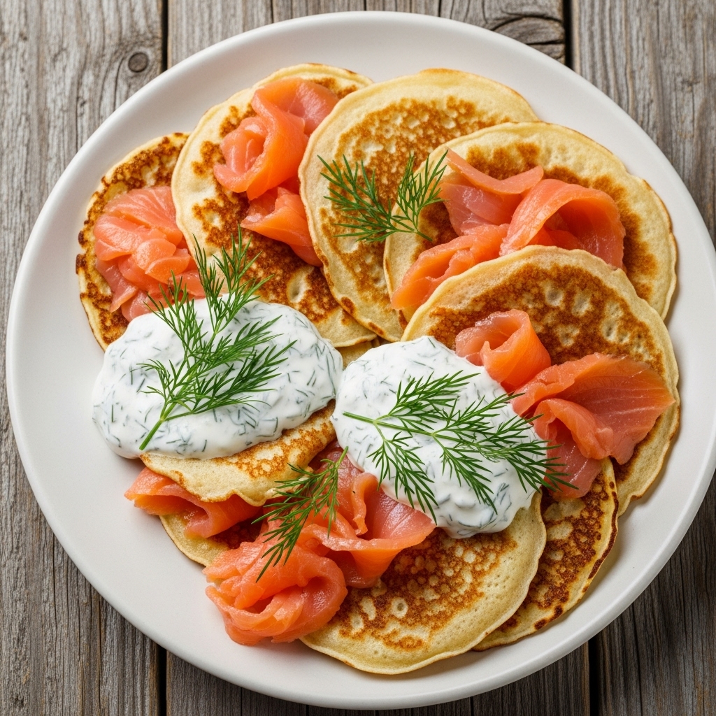 Mouthwatering Russian Paleo Breakfast: Keto-Friendly Blini with Smoked Salmon and Creamy Dill Sauce