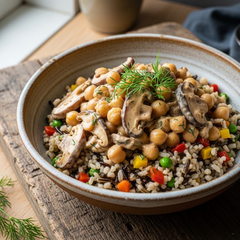 Mouthwatering Russian Vegan Lunch: Chickpea Shiitake Stroganoff on Wild Rice Pilaf