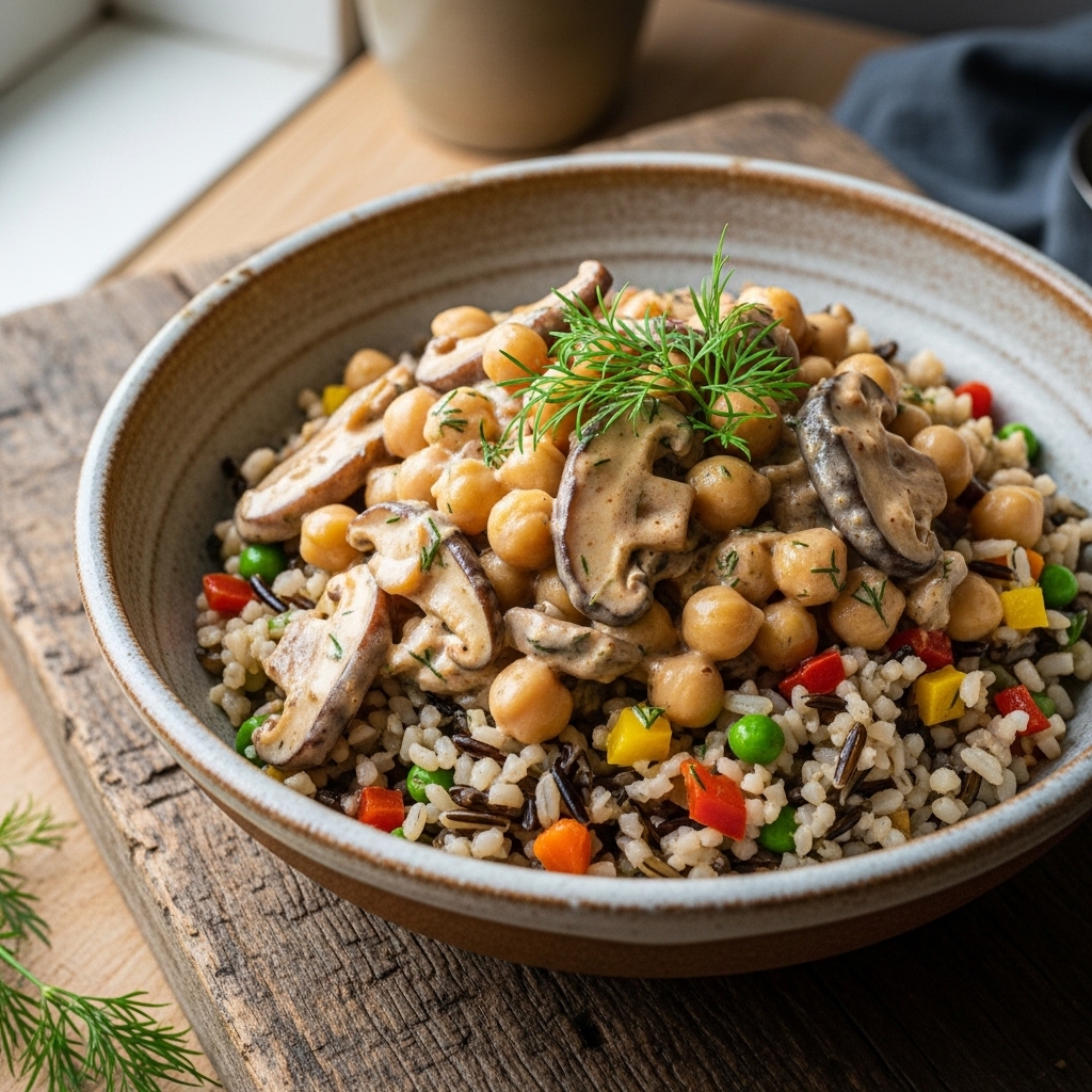 Mouthwatering Russian Vegan Lunch: Chickpea Shiitake Stroganoff on Wild Rice Pilaf