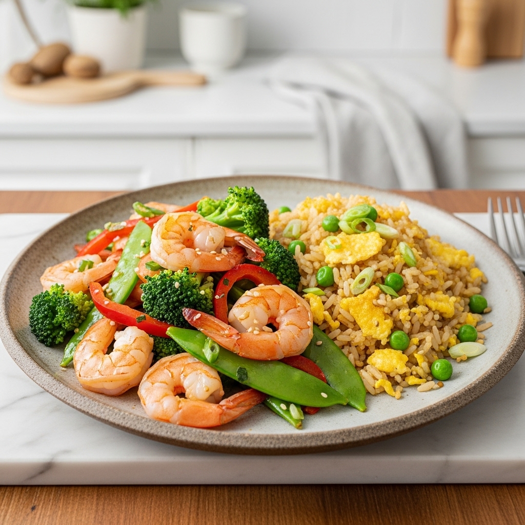 Mouthwatering Sizzling Shrimp & Vegetable Stir-Fry with Egg Fried Rice