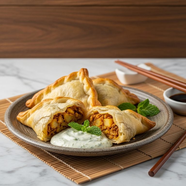 “Mouthwatering South African Vegetarian Samoosas – Flaky Pastry, Spiced Potato Filling & Tangy Mint Dip”