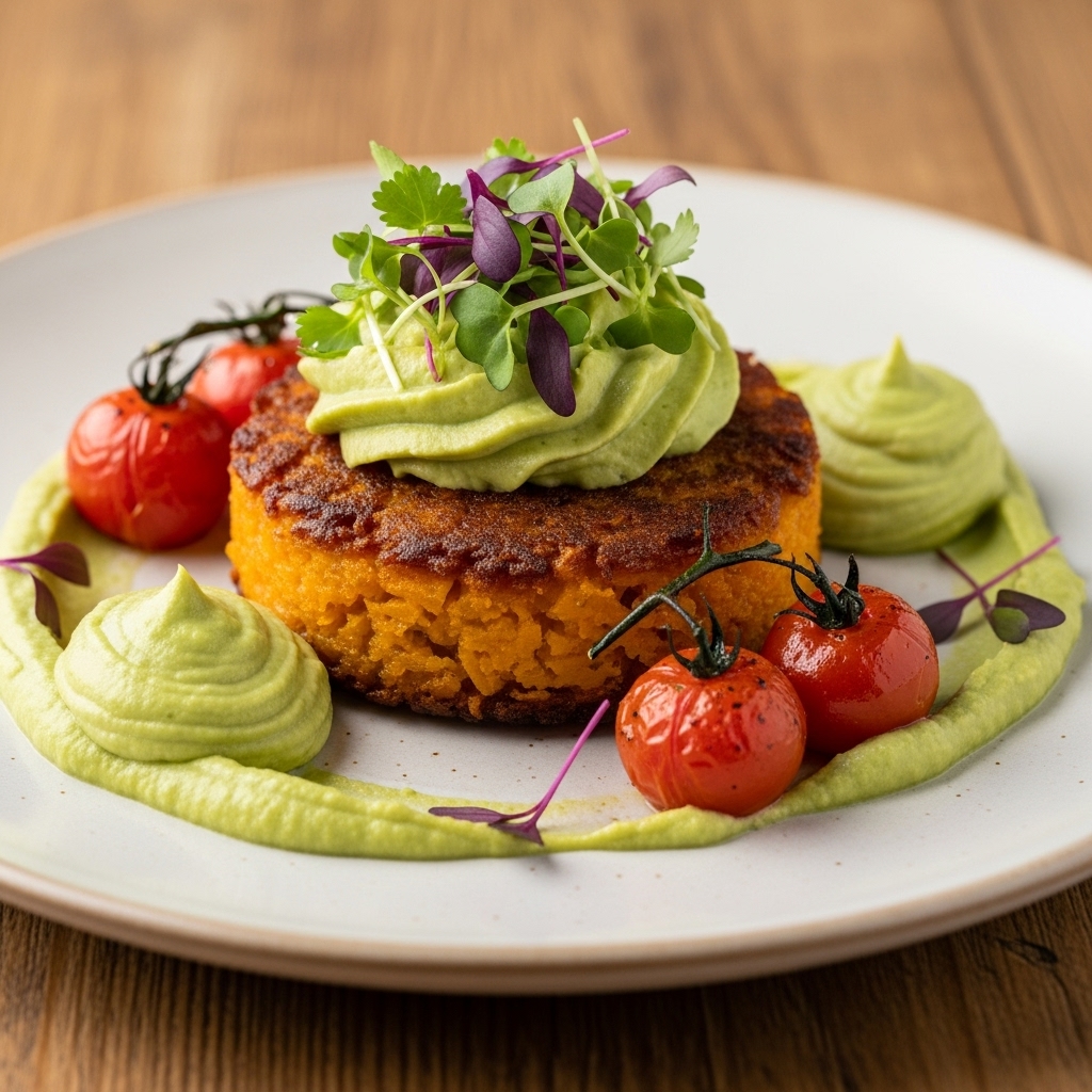 “Mouthwatering South African Veggie Brunch Delight: Butternut Squash Rostis with Avocado Mousse and Roasted Cherry Tomatoes”