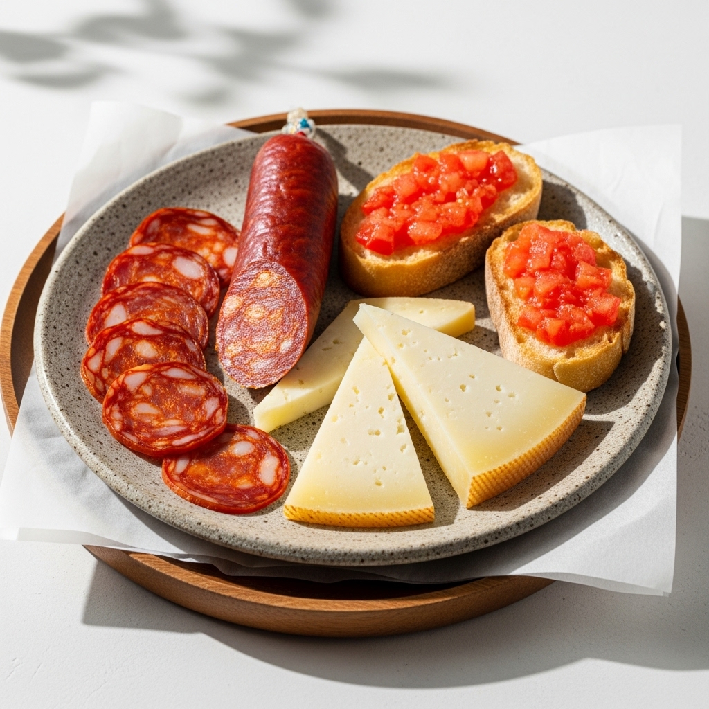 Mouthwatering Spanish Breakfast Platter with Chorizo, Manchego Cheese, and Tomato Bread