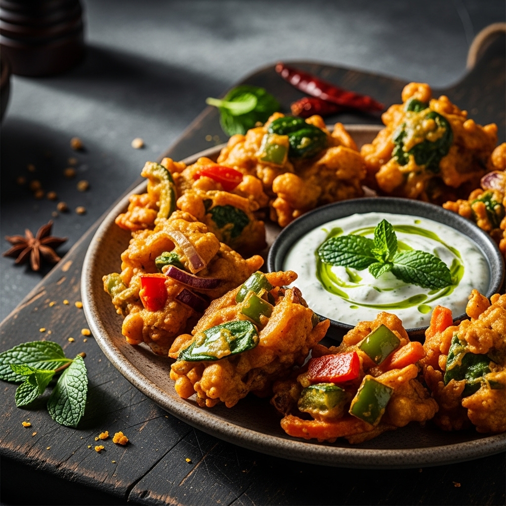 Mouthwatering Spicy Mixed Vegetable Pakoras with Tangy Mint Yogurt Dip