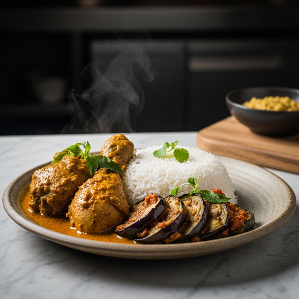 Mouthwatering Sri Lankan Dinner Feast – Coconut Curry Chicken with Steamed Rice and Eggplant Mojo
