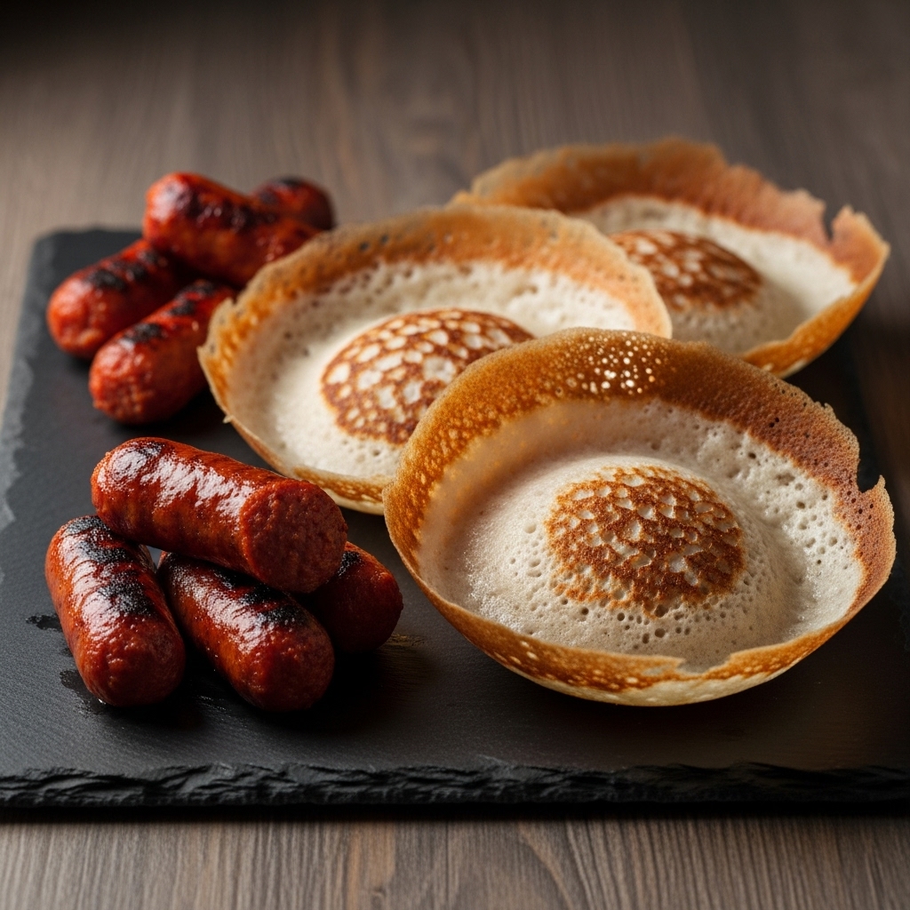 “Mouthwatering Sri Lankan Paleo Breakfast Feast: Coconut Milk Hoppers with Spicy Chicken Sausage”