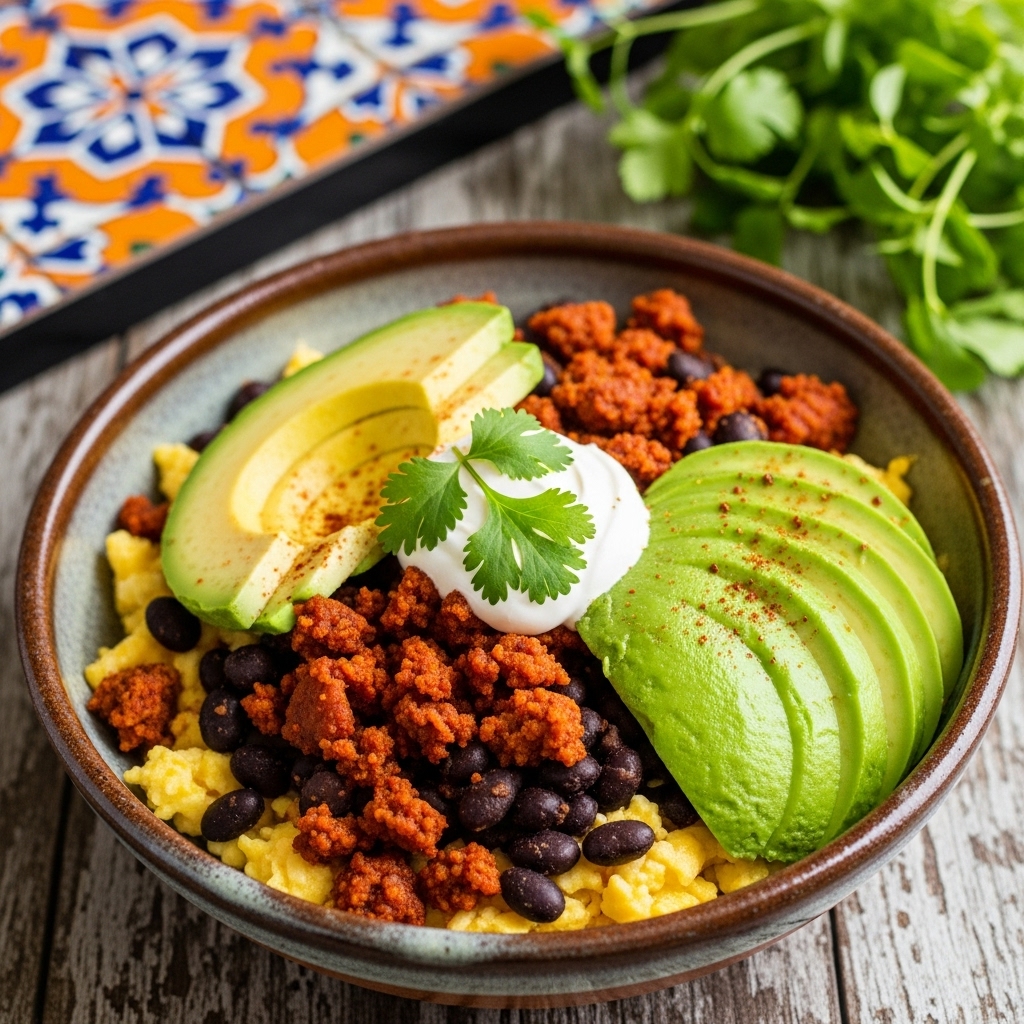 Mouthwatering Tex-Mex Breakfast Burrito Bowl with Black Beans, Chorizo, and Avocado