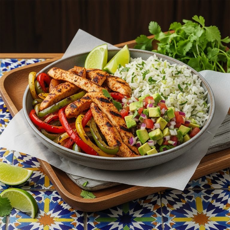 “Mouthwatering Tex-Mex Chicken Fajita Bowl with Cilantro Lime Rice and Avocado Salsa”
