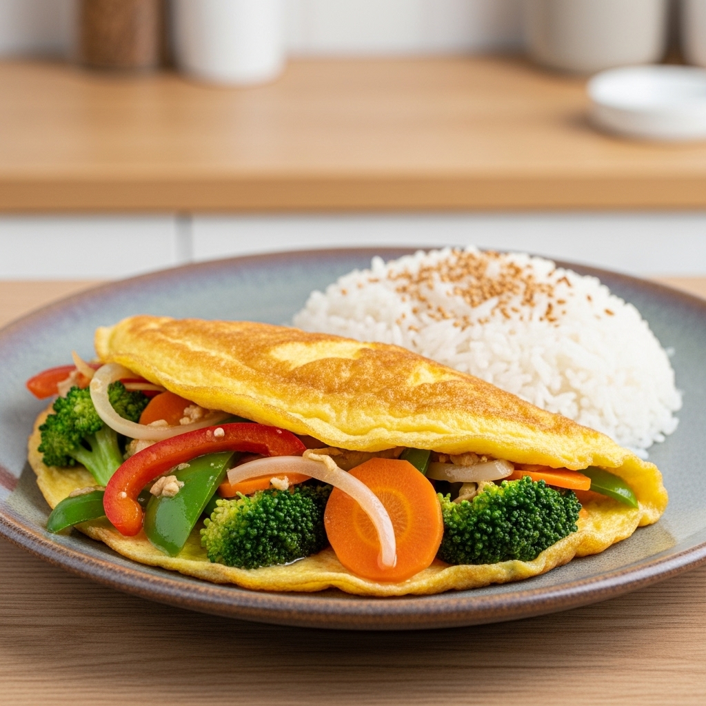 Mouthwatering Thai Breakfast Omelette with Stir-Fried Vegetables and Coconut Rice