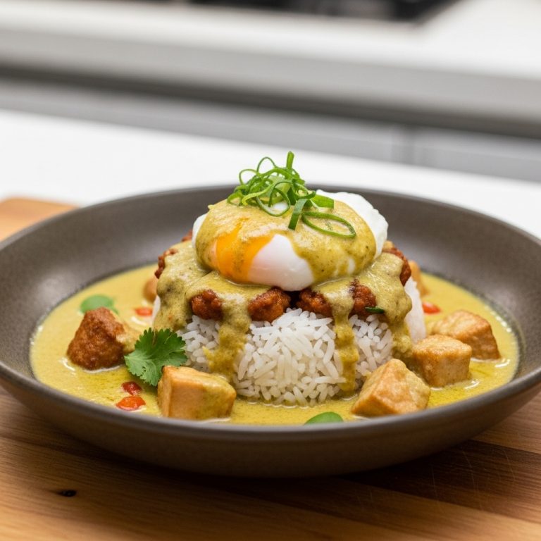 Mouthwatering Thai Brunch Delight: Coconut Rice Bowl with Poached Egg and Spicy Green Curry Sauce