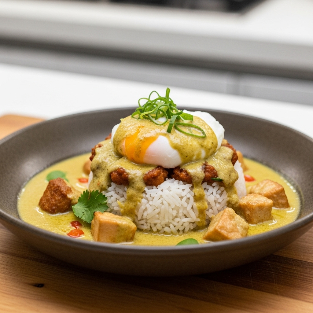 Mouthwatering Thai Brunch Delight: Coconut Rice Bowl with Poached Egg and Spicy Green Curry Sauce