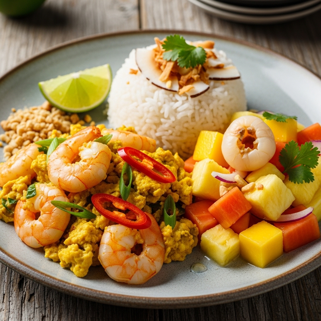 “Mouthwatering Thai Brunch Medley: Aromatic Shrimp Scramble with Coconut Rice and Tropical Fruit Salad”