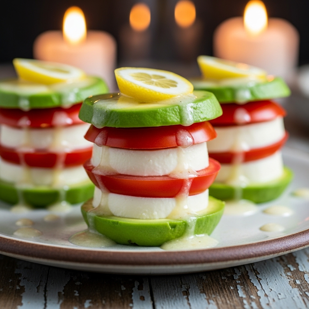 Mouthwatering Vegan Avocado Caprese Salad Stacks with Lemon-Garlic Dressing