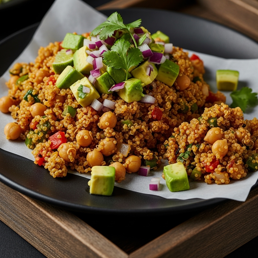 Mouthwatering Vegan Chilean Brunch: Aromatic Quinoa & Chickpea Scramble With Avocado Salsa