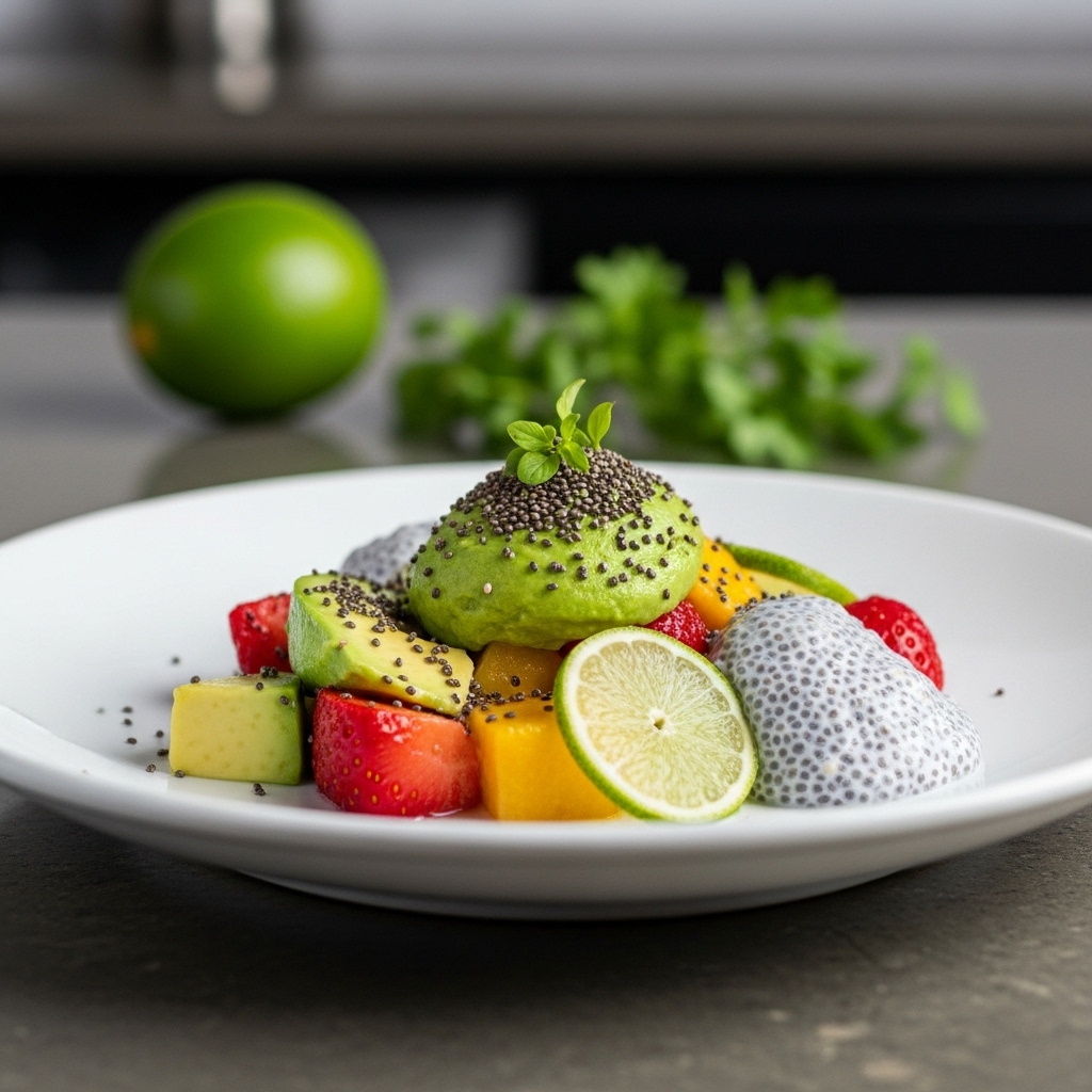 Mouthwatering Vegan Chilean Dessert: Delightful Fruit Salad with Avocado Lime Cream and Chia Pudding