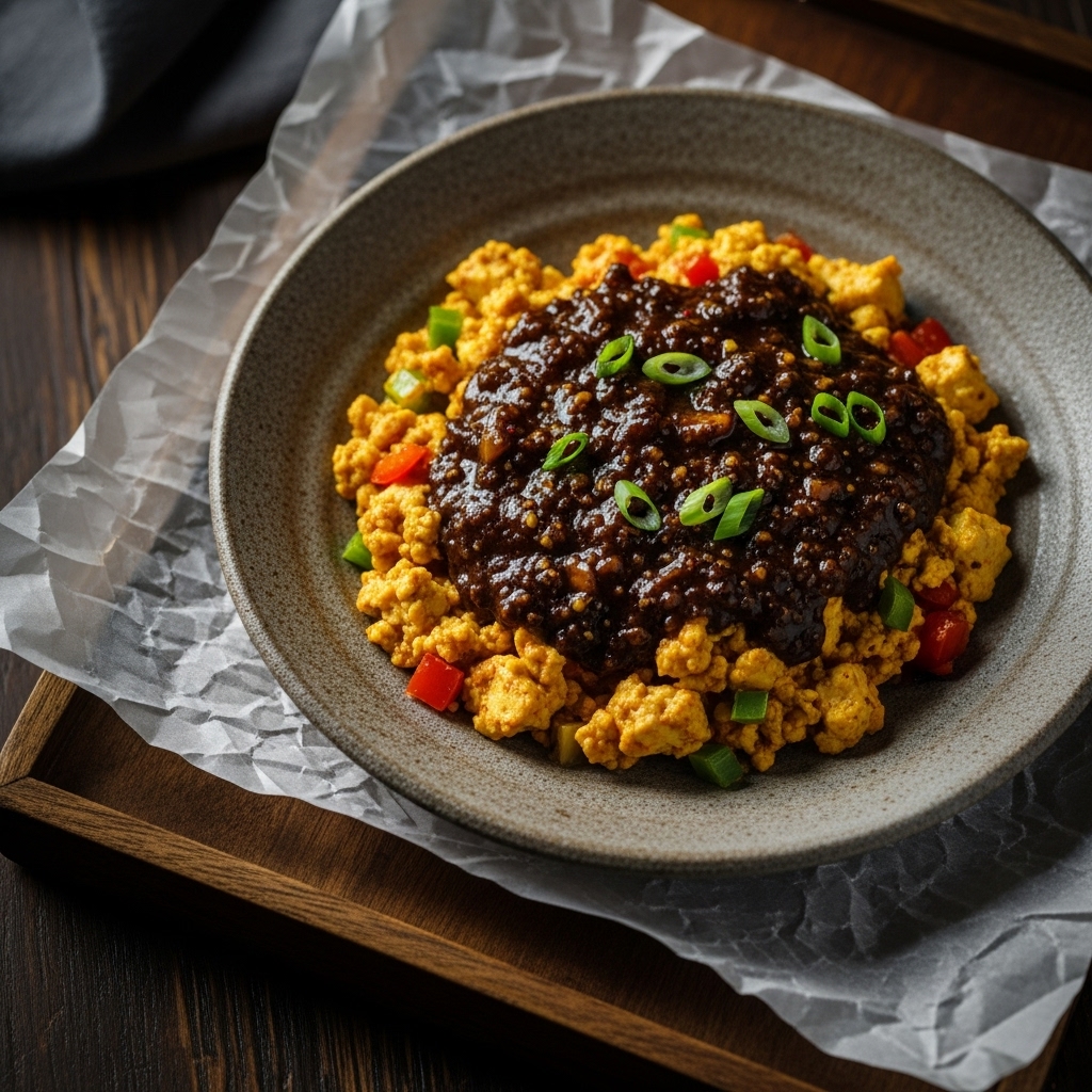 Mouthwatering Vegan Chinese Brunch: Delectable Tofu Scramble with Sizzling Black Pepper Sauce