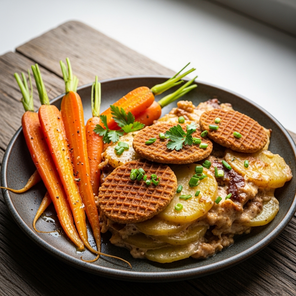 “Mouthwatering Vegan Dutch Dinner: Creamy Stroopwafel Potato Gratin with Herbed Steamed Carrots”