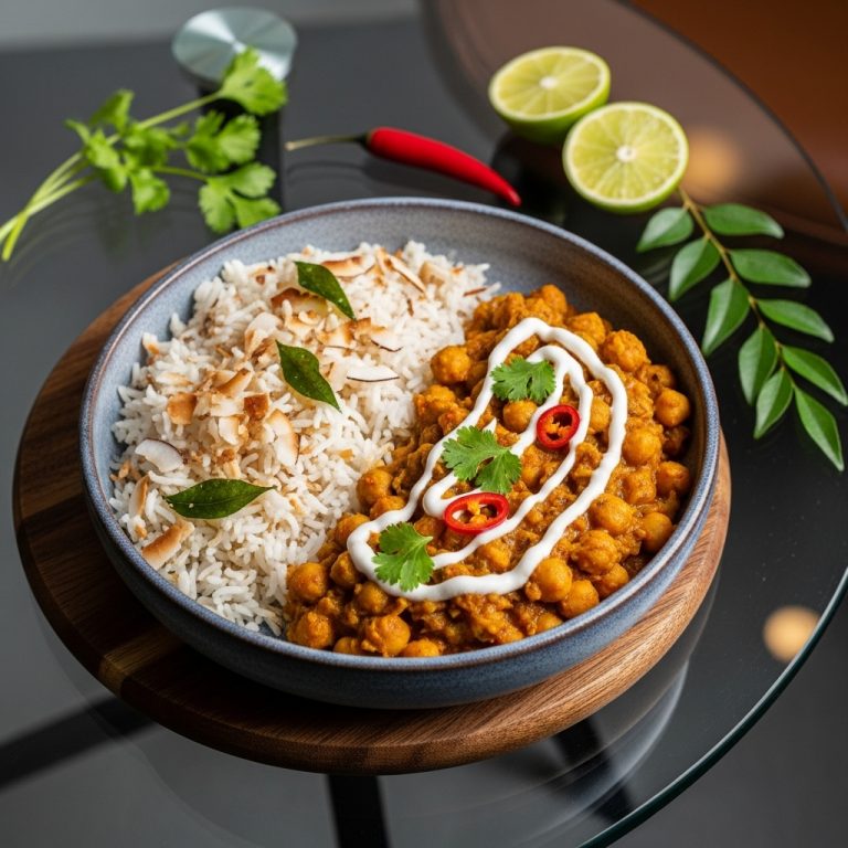 Mouthwatering Vegan Indian Lunch: Spicy Chickpea Curry and Coconut Rice Bowl