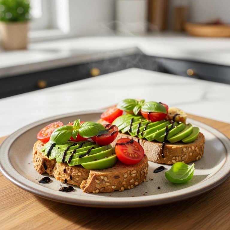 Mouthwatering Vegan Italian Breakfast: Deliciously Nutritious Avocado Bruschetta on Whole Grain Bread