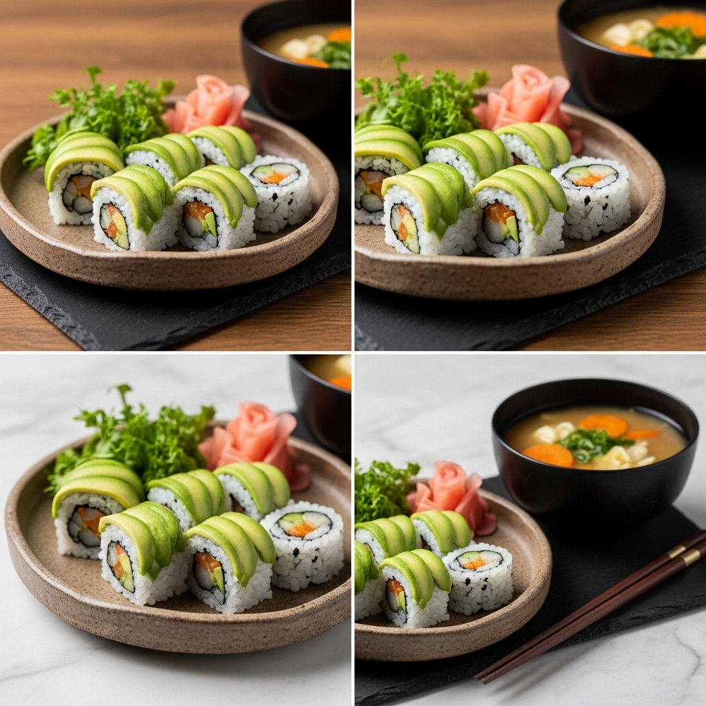 Mouthwatering Vegan Japanese Lunch: Avocado Sushi Rolls and Miso Soup with Seasonal Vegetables