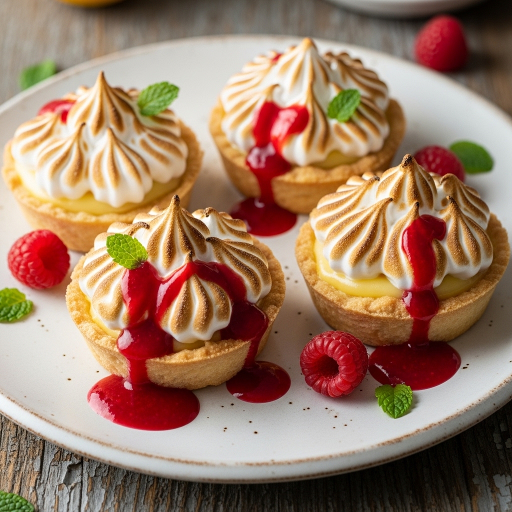 Mouthwatering Vegan Lemon Meringue Tartlets with Raspberry Coulis