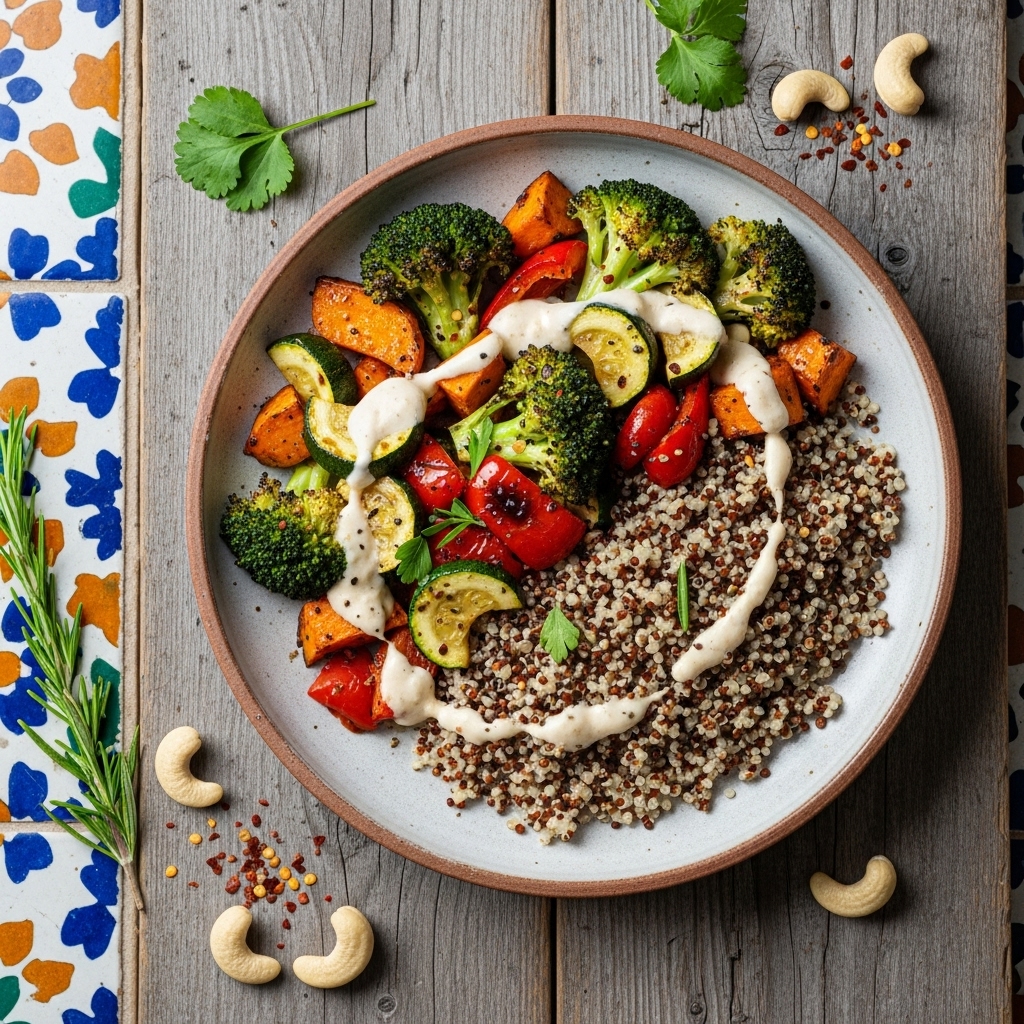 “Mouthwatering Vegan Lunch Bowl: Quinoa, Roasted Vegetables & Cashew Cream”