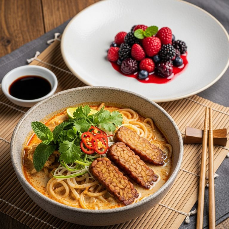 Mouthwatering Vegan Malaysian Brunch: Coconut Laksa with Tempeh & Mixed Berry Compote