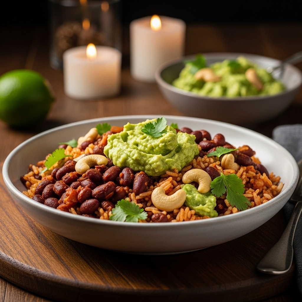 “Mouthwatering Vegan Mexican Fiesta Bowl: Aromatic Rice, Chipotle-Lime Black Beans, and Creamy Avocado-Cashew Creme”