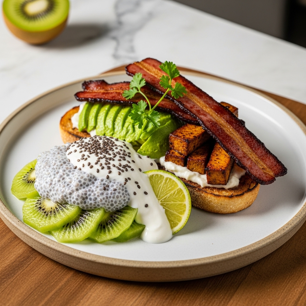 Mouthwatering Vegan New Zealand Brunch: Kiwifruit Chia Pudding with Coconut-Lime Yogurt, Avocado Toast & Smoky Tofu Bacon