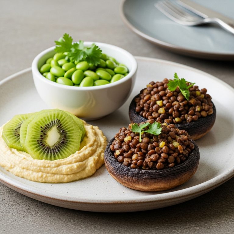 “Mouthwatering Vegan New Zealand Dinner: Kiwifruit & Edamame Hummus Starter and Lentil-Stuffed Portobello Mushrooms Main Course”