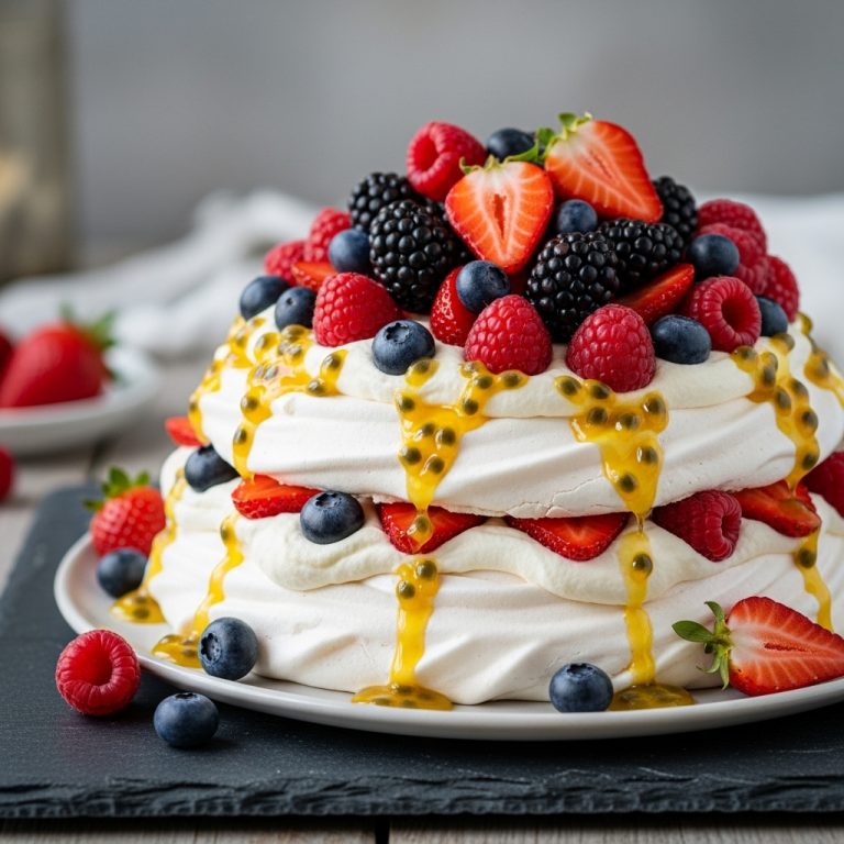Mouthwatering Vegan New Zealand Pavlova Tower with Passion Fruit Glaze and Fresh Berries