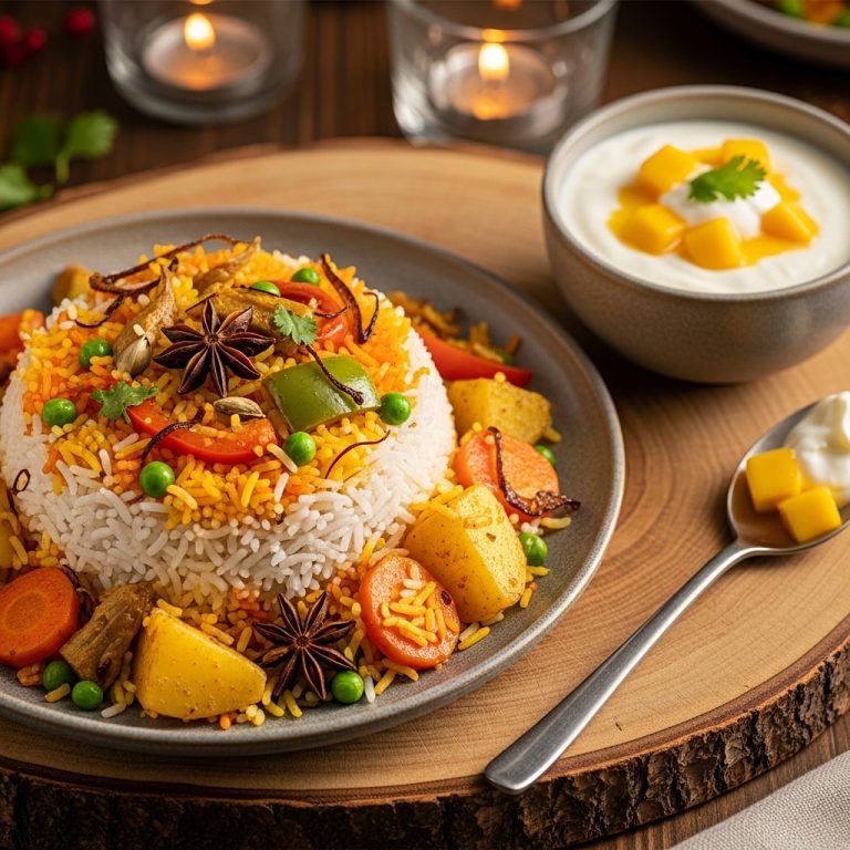 “Mouthwatering Vegan Pakistani Brunch Delight: Aromatic Vegetable Biryani and Tangy Mango Lassi”
