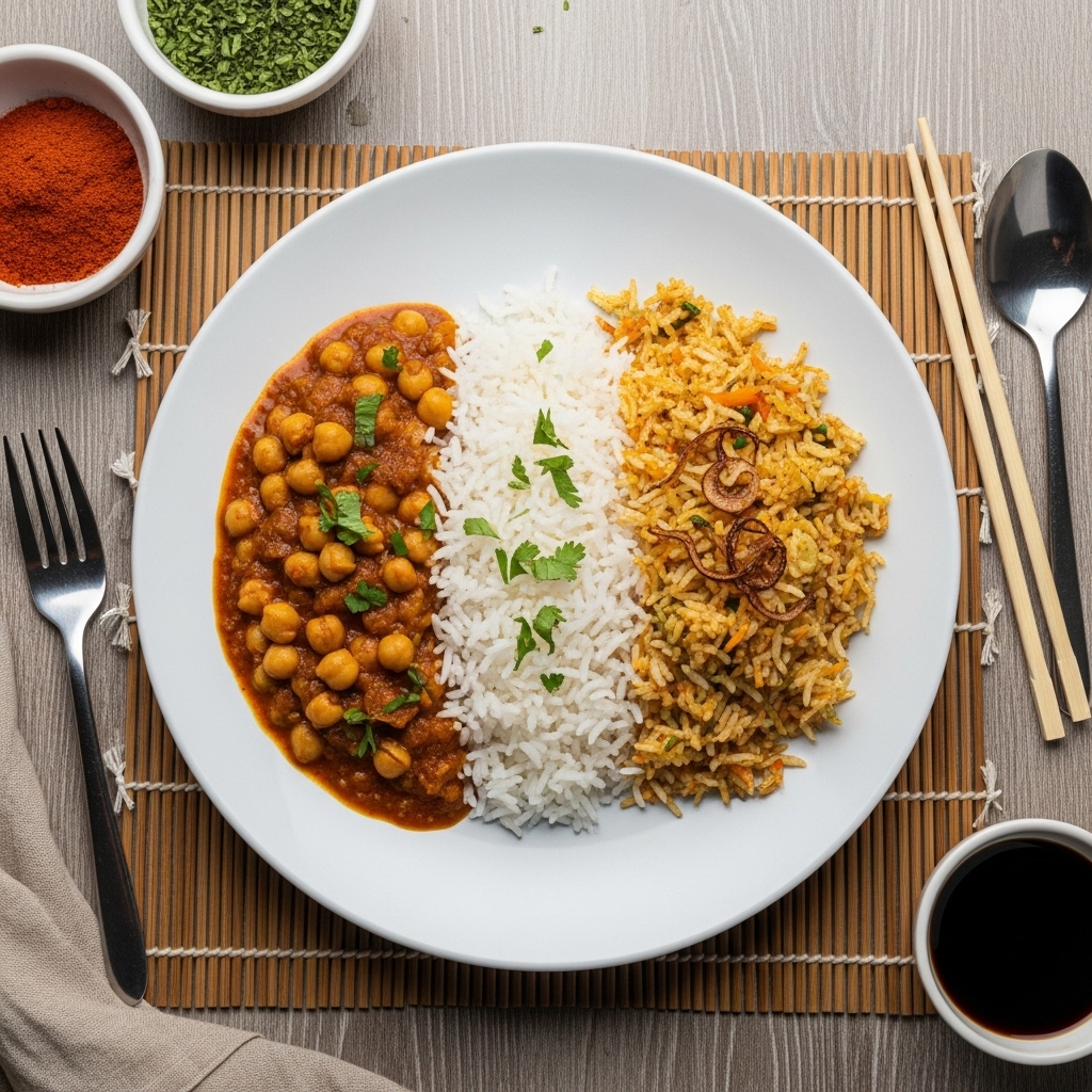 “Mouthwatering Vegan Pakistani Feast: Aromatic Chickpea Curry with Spiced Rice & Coconut Vegetable Biryani”