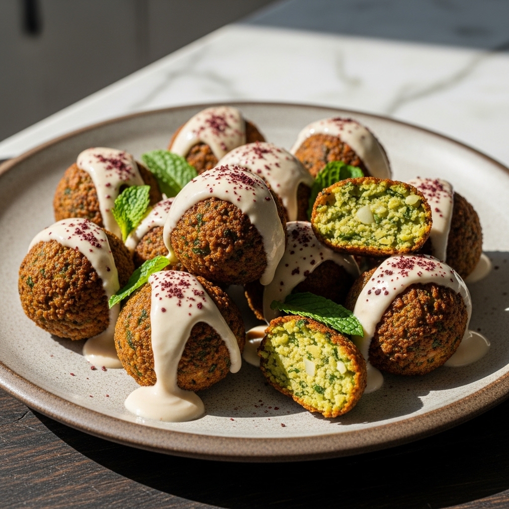 “Mouthwatering Vegan Persian Snack: Herby Falafel Bites with Tahini Sauce”